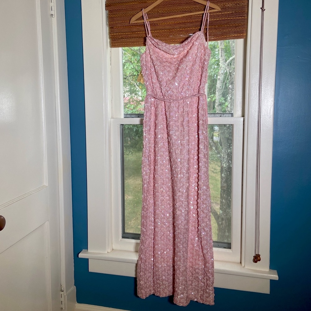 1990s Vintage Pink Sequin Spaghetti Strap Maxi Dress